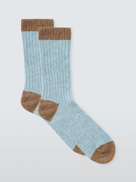 John Lewis Ribbed Contrast Heel & Toe Wool Blend Ankle Socks, Blue/Beige