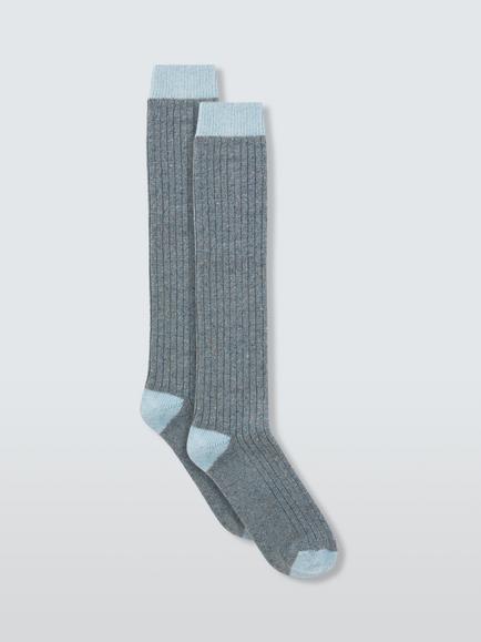 John Lewis Ribbed Contrast Heel & Toe Wool Blend Knee High Socks, Blue, Blue
