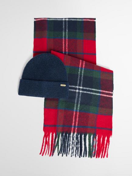 Barbour Olivia Tartan Beanie Hat & Scarf Gift Set, Red Spruce, Red Spruce