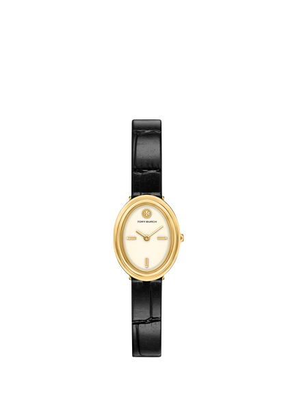 Tory Burch TBW6041 Women's 22mm Oval Leather Strap Watch, Gold & Black, Gold & Black
