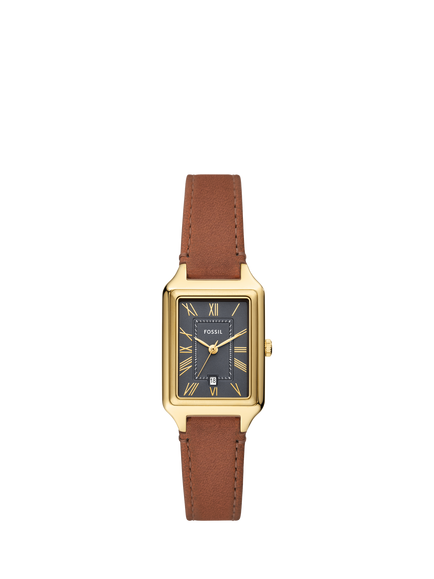 Fossil ES5303 Women's Raquel 23mm Rectangular Leather Strap Watch, Gold & Brown, Gold & Brown