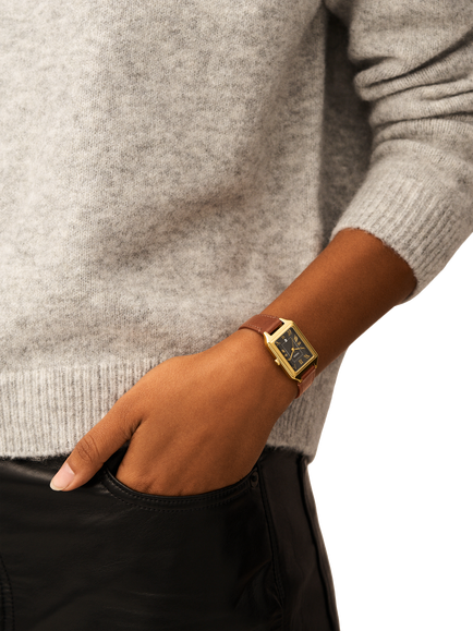 Fossil ES5303 Women's Raquel 23mm Rectangular Leather Strap Watch, Gold & Brown - view 2, Gold & Brown