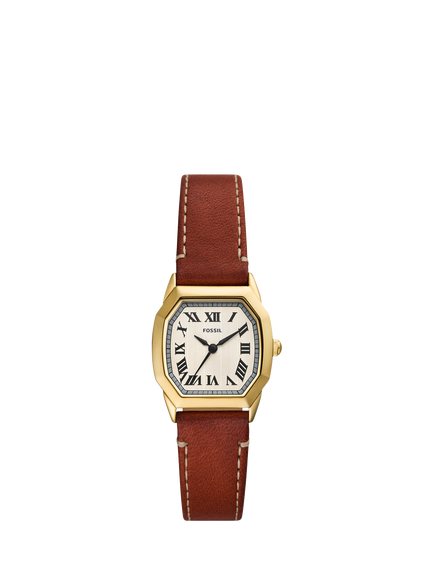 Fossil ES5364 Women's 27mm Octagonal Leather Strap Watch, Gold & Brown, Gold & Brown