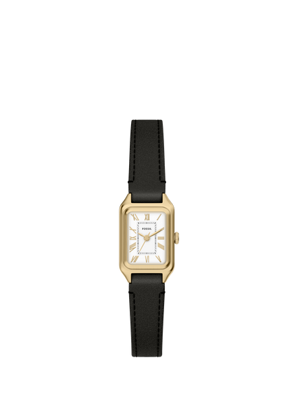 Fossil ES5470 Women's Raquel 18mm Rectangular Leather Strap Watch, Gold & Black, Gold & Black