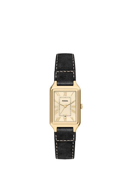 Fossil ES5505 Women's Raquel 23mm Rectangular Leather Strap Watch, Gold & Black, Gold & Black