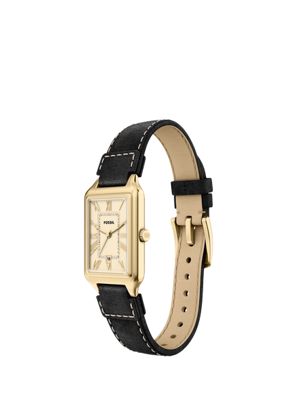 Fossil ES5505 Women's Raquel 23mm Rectangular Leather Strap Watch, Gold & Black - view 2, Gold & Black