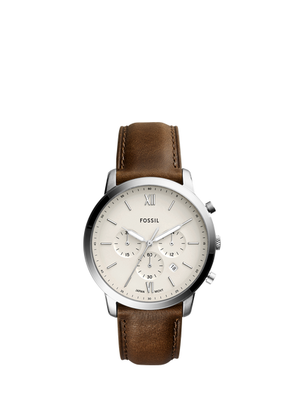 Fossil FS5380 Men's Neutra 44mm Round Leather Strap Watch, Silver & Brown, Silver & Brown
