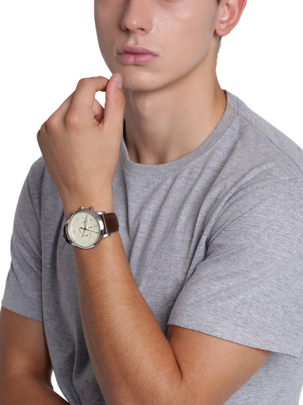Fossil FS5380 Men's Neutra 44mm Round Leather Strap Watch, Silver & Brown - view 2, Silver & Brown