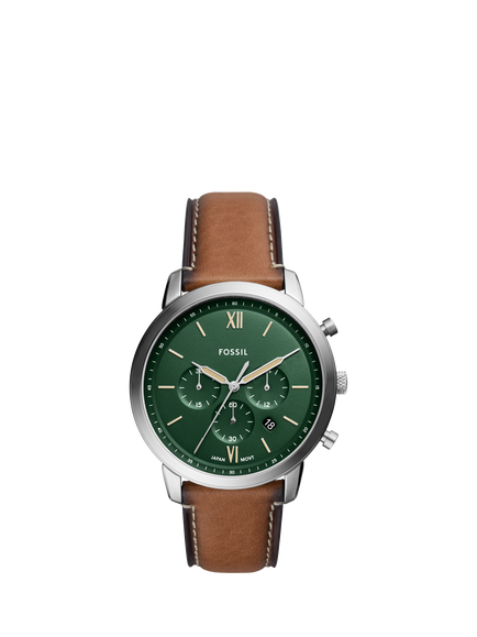 Fossil FS5963 Men's Neutra 44mm Round Leather Strap Watch, Brown, Silver & Brown