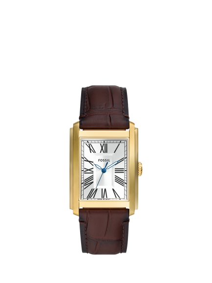 Fossil FS6011 Men's Carraway 30mm Rectangular Leather Strap Watch, Gold & Brown, Gold & Brown