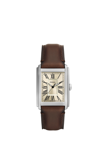 Fossil FS6012 Men's Carraway 30mm Rectangular Leather Strap Watch, Silver & Brown, Silver & Brown