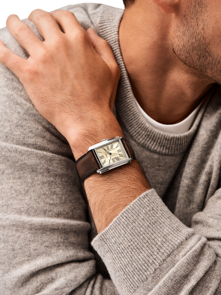 Fossil FS6012 Men's Carraway 30mm Rectangular Leather Strap Watch, Silver & Brown - view 2, Silver & Brown