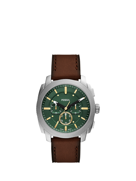 Fossil FS6100 Men's Machine Chronograph 44mm Round Leather Strap Watch, Silver & Brown, Silver & Brown