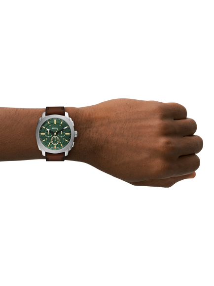 Fossil FS6100 Men's Machine Chronograph 44mm Round Leather Strap Watch, Silver & Brown - view 2, Silver & Brown