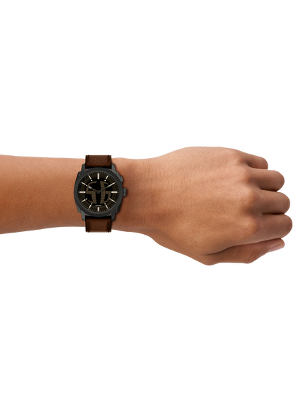 Fossil FS6165 Men's Machine 41mm Round Leather Strap Watch, Black & Brown - view 2, Black & Brown