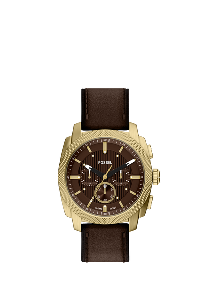 Fossil FS6188 Men's Machine Chronograph 44mm Round Leather Strap Watch, Gold & Brown, Gold & Brown