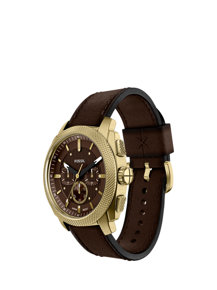 Fossil FS6188 Men's Machine Chronograph 44mm Round Leather Strap Watch, Gold & Brown - view 2, Gold & Brown