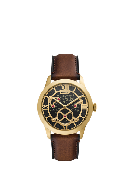 Fossil FS6190 Men's Townsman 42mm Round Leather Strap Watch, Gold & Brown, Gold & Brown