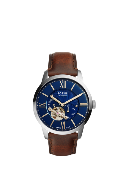 Fossil ME3110 Men's Automatic Townsman 44mm Round Leather Strap Watch, Silver & Brown, Silver & Brown