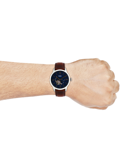 Fossil ME3110 Men's Automatic Townsman 44mm Round Leather Strap Watch, Silver & Brown - view 2, Silver & Brown