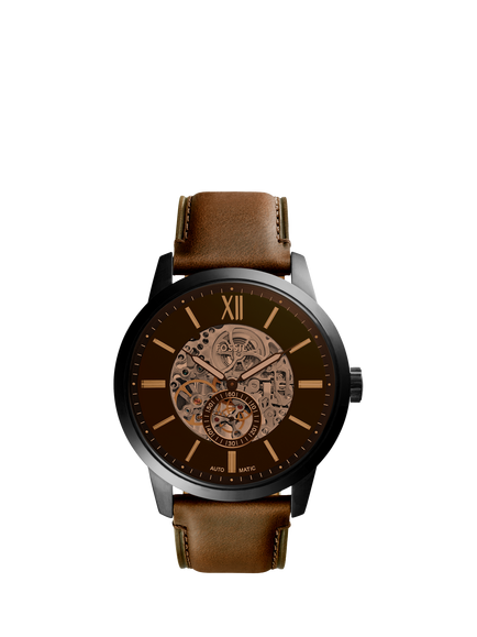 Fossil ME3155 Men's Automatic Townsman 48mm Round Leather Strap Watch, Black & Brown, Black & Brown