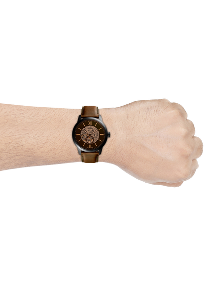 Fossil ME3155 Men's Automatic Townsman 48mm Round Leather Strap Watch, Black & Brown - view 2, Black & Brown