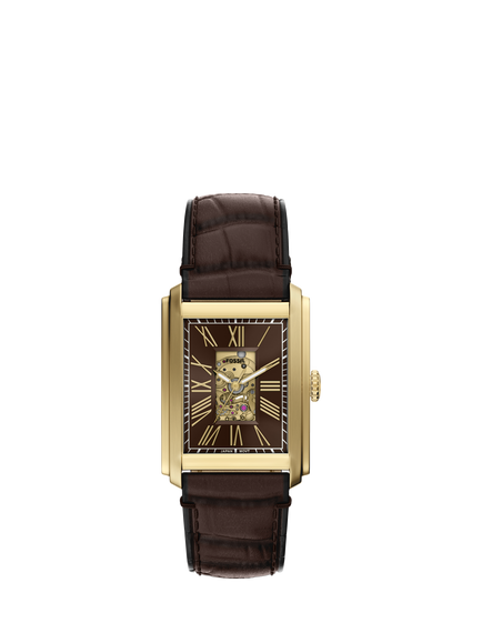 Fossil ME3281 Men's Carraway 42mm Rectangular Leather Strap Watch, Gold & Brown, Gold & Brown
