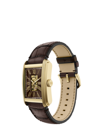Fossil ME3281 Men's Carraway 42mm Rectangular Leather Strap Watch, Gold & Brown - view 2, Gold & Brown