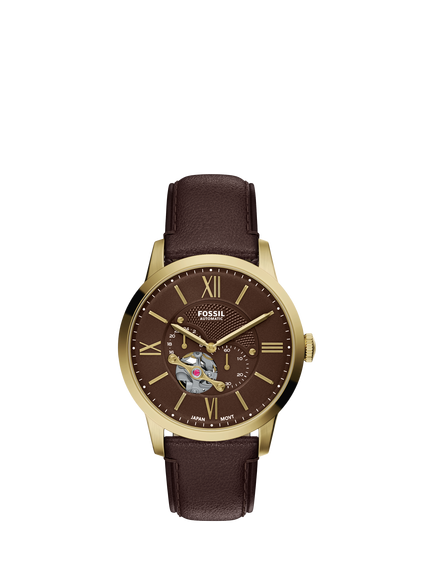 Fossil ME3286 Men's 44mm Round Leather Strap Watch, Gold & Brown, Gold & Brown