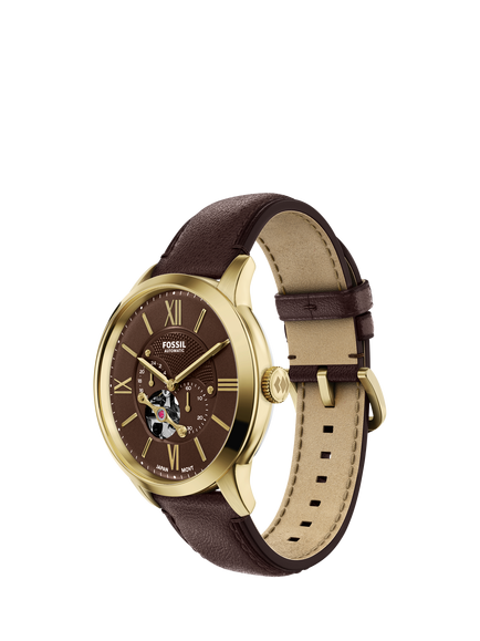 Fossil ME3286 Men's 44mm Round Leather Strap Watch, Gold & Brown - view 2, Gold & Brown