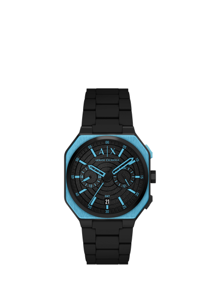 Armani Exchange AX1480 Men's 40mm Octagonal Silicone Strap Watch, Black & Ice Blue, Black & Ice Blue