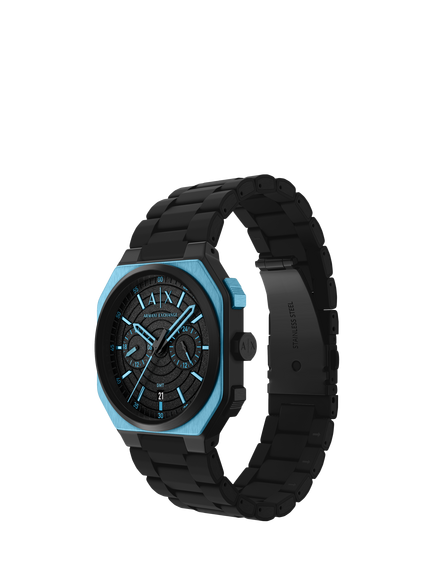 Armani Exchange AX1480 Men's 40mm Octagonal Silicone Strap Watch, Black & Ice Blue - view 2, Black & Ice Blue
