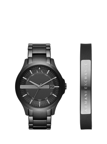 Armani Exchange AX7101 Men's 46mm Watch and Leather Cuff Bracelet Gift Set, Black, Black