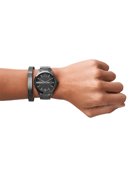 Armani Exchange AX7101 Men's 46mm Watch and Leather Cuff Bracelet Gift Set, Black - view 2, Black