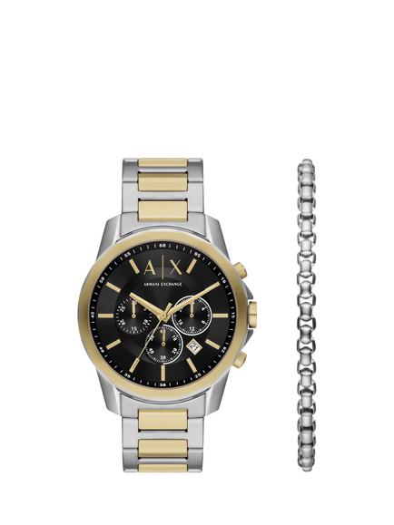 Armani Exchange AX7148SET Men's 46mm Chronograph Watch and Bracelet Gift Set, Silver & Multi, Silver & Multi