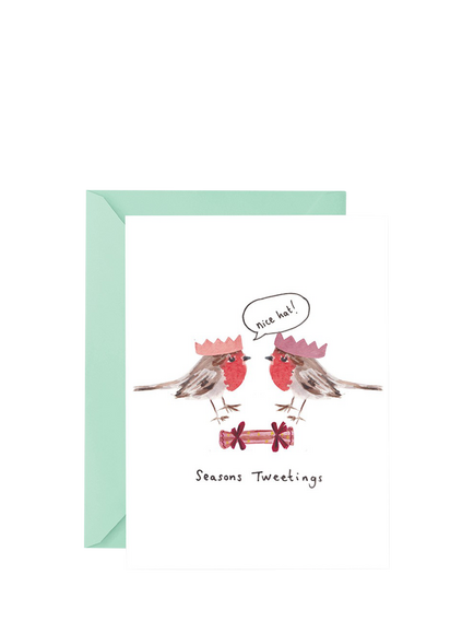 Western Sketch Robins Nice Hat Christmas Card, Multi