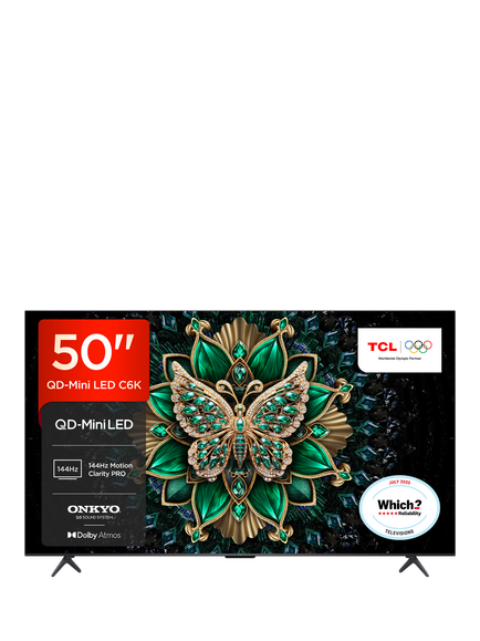 TCL 50C6K-UK (2025) QLED QD-Mini LED HDR 4K Ultra HD Smart TV, 50 inch  with Dolby Atmos, Black, Black