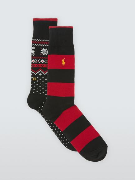 Ralph Lauren Cotton Rich Fair Isle & Stripe Festive Socks, Pack of 2, Red Mid, Red Mid