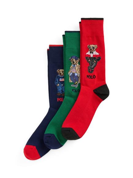 Ralph Lauren Stretch Cotton Racing Bear Socks Gift Set, Pack of 3, Multi Multi, Multi Multi