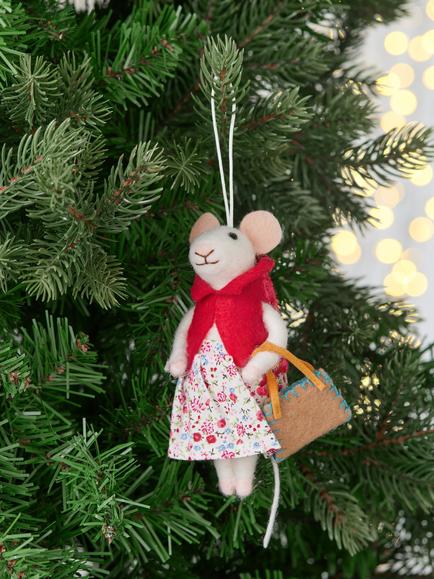 John Lewis The Cherisher Felt Party Dress Mouse Tree Decoration, Red - view 2, Red