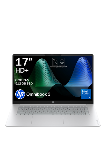 HP OmniBook 3 Laptop, Intel Core 3 Processor, 8GB RAM, 512GB SSD, 17.3” HD+, Glacier Silver, Glacier Silver
