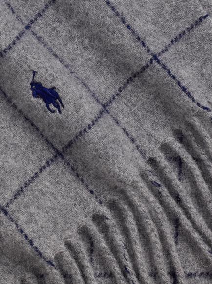 Ralph Lauren Wool Rich Grid Check Scarf, Grey Mid - view 2, Grey Mid