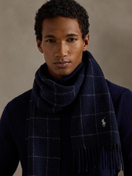 Ralph Lauren Wool Blend Reversible Grid Check Scarf, Blue Navy - view 2, Blue Navy