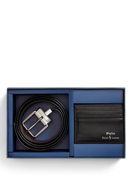 Polo Ralph Lauren Reversible Leather Belt & Card Holder Gift Set, Black, Black Black