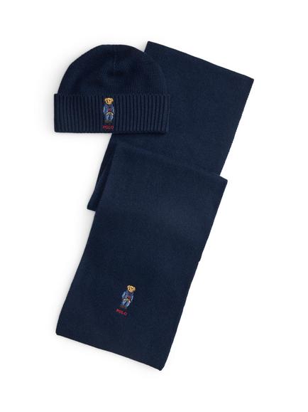 Ralph Lauren Wool Blend Bear Beanie Hat & Scarf Gift Set, Blue Navy, Blue Navy