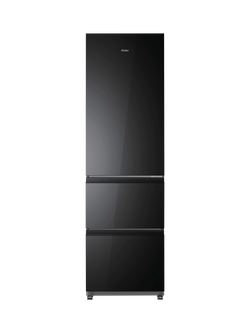 Haier Series 3 HTR3518DNGBK 3D Combi Freestanding 60/40 Fridge Freezer, Black Glass, Black Glass