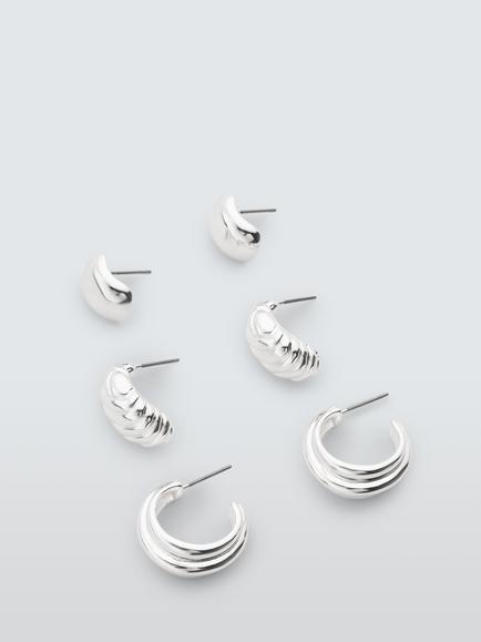 John Lewis Half Hoop Earrings, Pack of 3, Silver, Silver