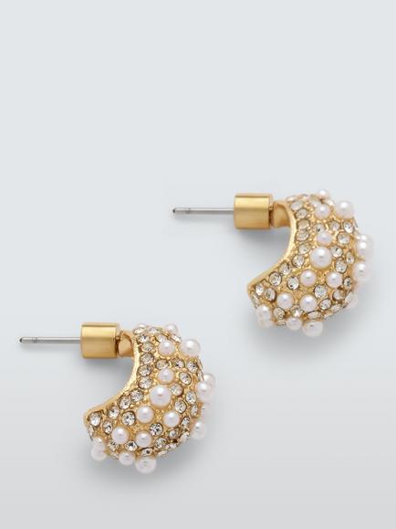 John Lewis Crystal and Pearl Hoop Earrings, Gold, Gold
