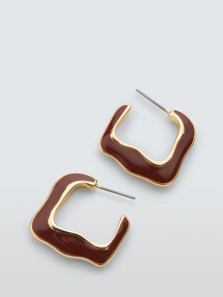 John Lewis Irregular Square Enamel Hoop Earrings, Gold/Burgundy - view 2, Gold/Burgundy