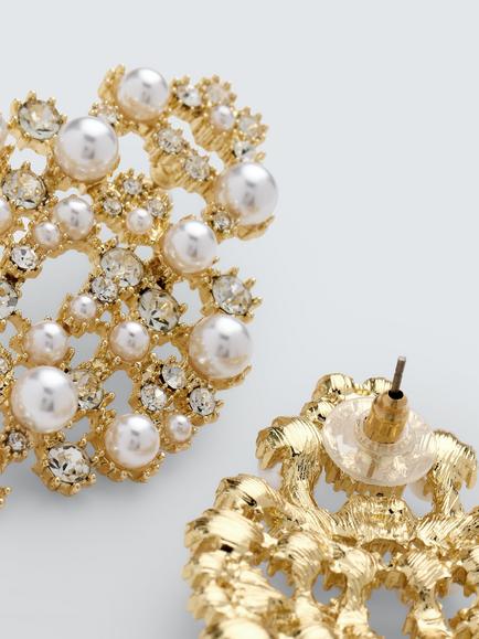 John Lewis Pearl and Diamante Molten Flat Earrings, Gold - view 2, Gold
